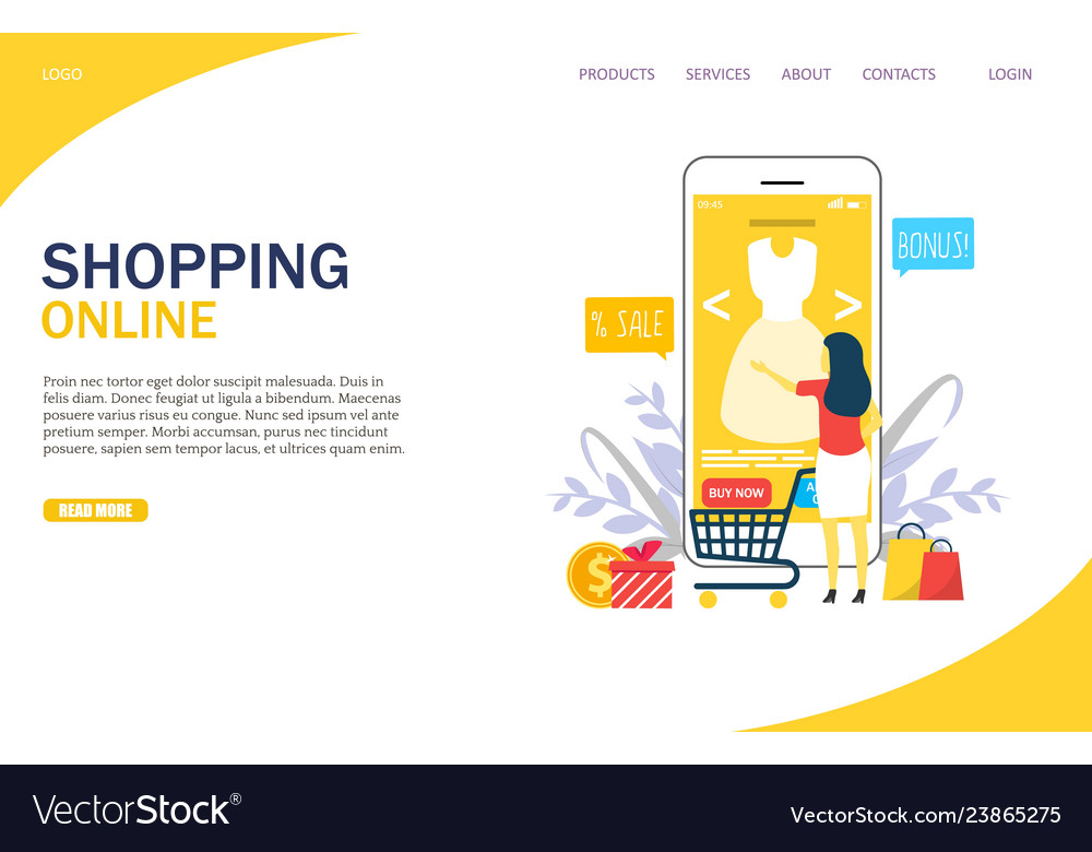 Shopping online vector website template, web page and landing page design for website and mobile site development. Woman choosing dress in internet store using smartphone. E-commerce concept.